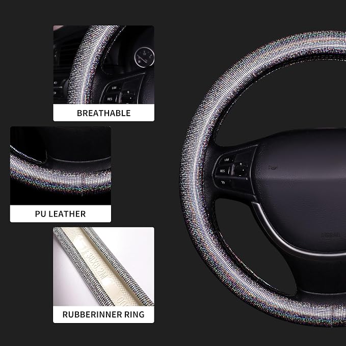 Bling Steering Wheel Cover, Bling Crystal Rhinestone Car Steering Cover Universal 14.2-15.3 inch Glitter Car Wheel Cover Sparkling Accessories （Black Silver）