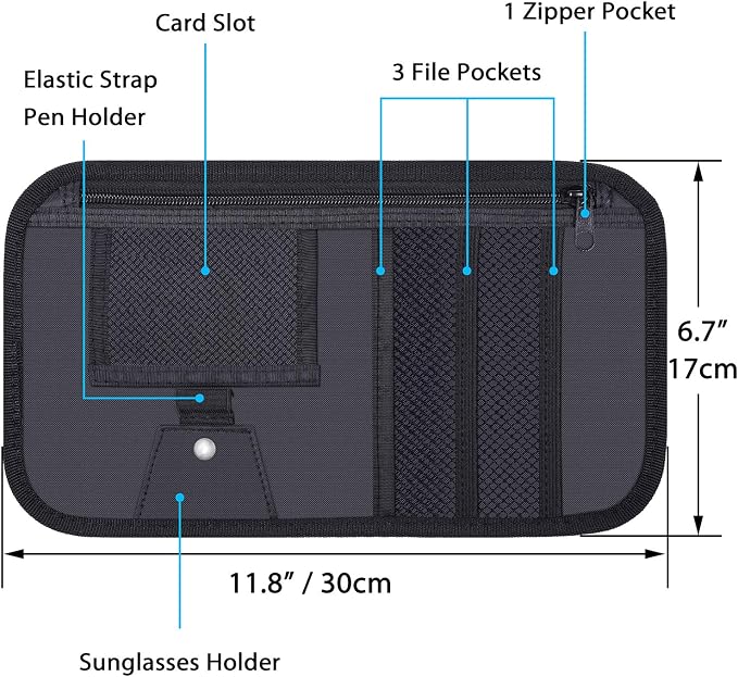 Car Sun Visor Organizer, Vehicle Interior Accessories Storage Pouch Auto Registration Holder with Elastic Strap for Sunglass, Documents, Cards, Pen, Drivers License, etc. (Black)