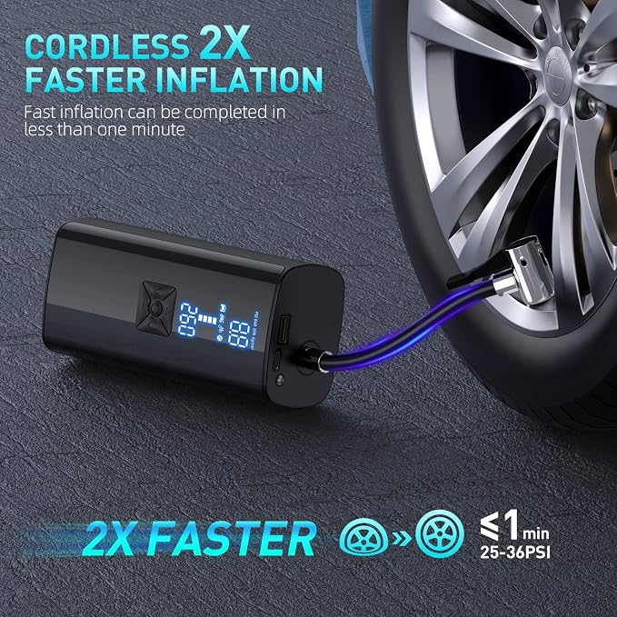 Tire Inflator Portable Air Compressor, Cordless Tire Pump with 150 PSI Digital Pressure Gauge & LED Light, 2X Fast Inflation Air Pump for Cars, Bikes, Motorcycles, Balls