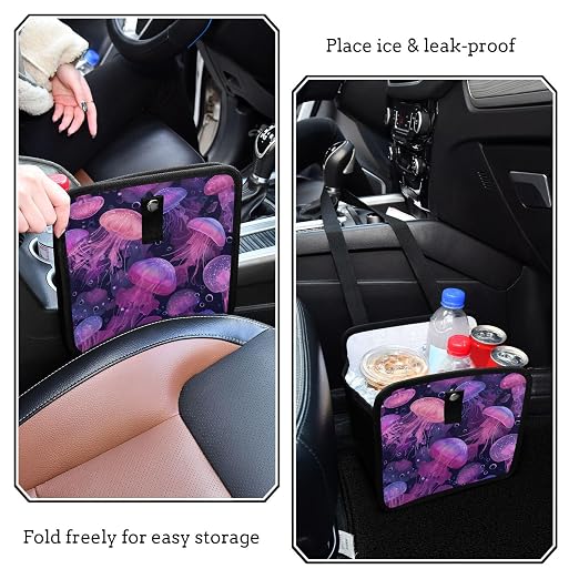 Car Trash Can Organizer Bin with Adjustable Strap for Back Front Seat Console Waterproof Leakproof Collapsible Portable 11 Inch Jellyfishes and Bubbles Pink