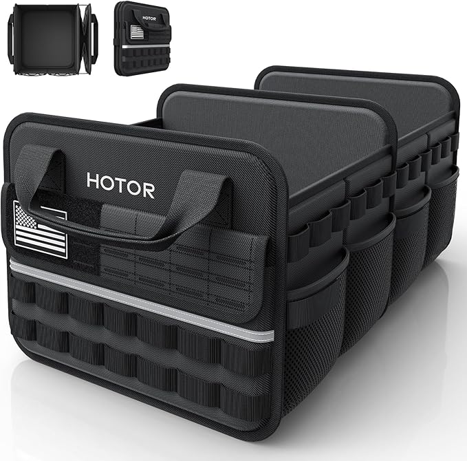 Tactical Car Trunk Organizer - Foldable Trunk Organizer for SUV with Front MOLLE Pocket & Reflective Strips, Essential Car Accessories for Tools & Outdoor Storage, 15.0" x 23.6" x 11.0", Black