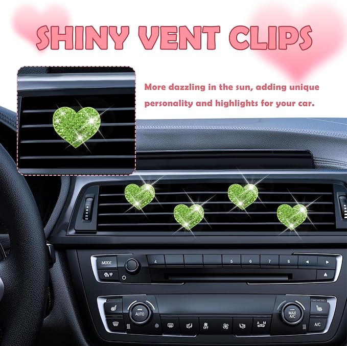 4PCS Heart-Shaped Car Vent Clips with Rhinestone,Bling Air Vent Clips Car Decorations,Premium Shiny Car Clips for Vents Accessories Interior (Green)