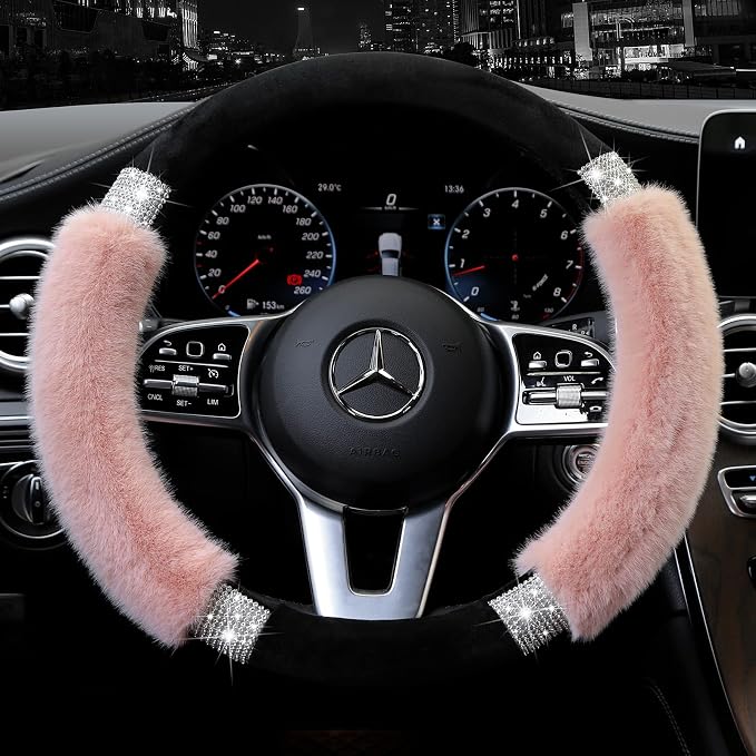 Rhinestone Fluffy Steering Wheel Cover - Comfortable Non-Slip Luxury Faux Wool, Universal Fit for 14.5" to 15" Steering Wheels