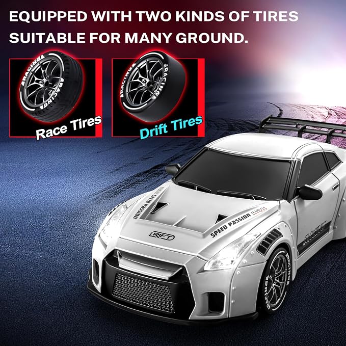 RC Drift Car, 1:24 Remote Control Car for Kids, 20KM/H 4WD High Speed RC Cars with LED Lights, Two Batteries, Extra Drifting Tires, Vehicle for Adults Boys Girls