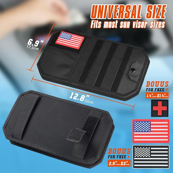 Molle Car Visor Organizer, Tactical Truck Accessories for SUVs Jeep, Sunglasses Holder & Zipper Pouch, Car Organizers and Storage, Semi-Rigid Panel, Police Gear Storage for Pickup Patrol