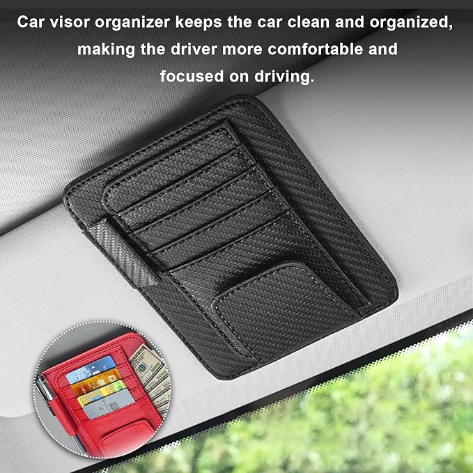 Small Leather Car Sun Visor Organizer, Multifunctional Auto Visor Document Holder with Sunglasses Clip, Universal Car Interior Organizer for Driving License, Card, Pen (Carbon Fiber Black)