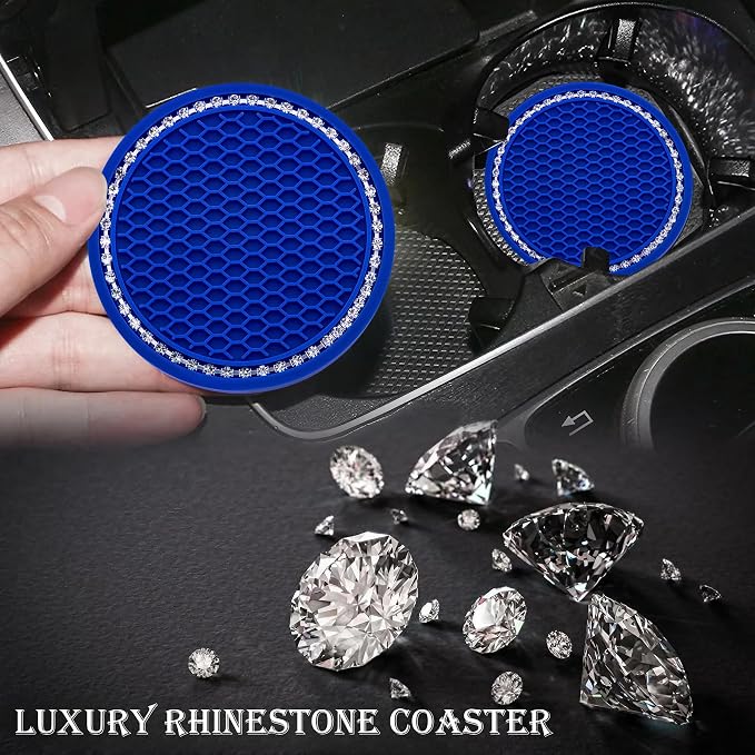 2PCS Bling Cup Holder Coaster, 2.75 Inch Auto Car Cup Holder Insert Coasters, Soft Silicone Anti-Slip Shockproof, Universal Vehicle Interior Accessories for Women Girls (Deep Blue & White)