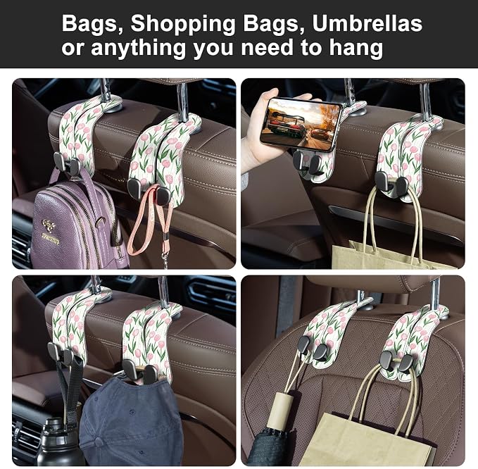CoBak Purse Hook for Car - Universal Premium Stitched Leather and Aluminum-Magnesium Alloy Double Car Seat Back Storage Hook for Purses, Handbags, Bags (2 Pack),Tulip