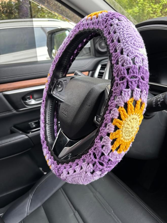 Handmade Crochet Sun Moon Car Steering Wheel Covers Universal 14-15 inch,Cute Steering Wheel Cover,Car Accessories (B:Wheel Cover+2 Belt Cover)