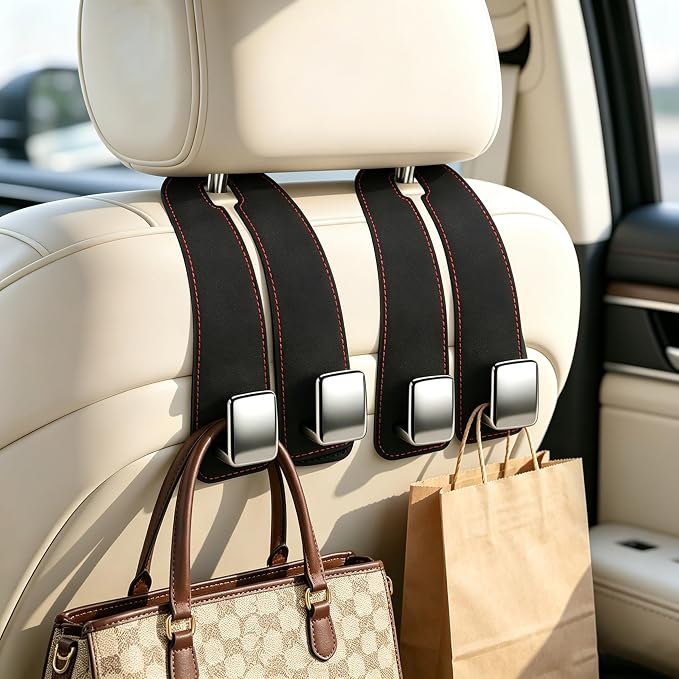 Car Headrest Hooks, Premium Suede with Metal Car Seat Back Storage Hooks for Handbag Coats Umbrella Backpack - 4 Pack, Black