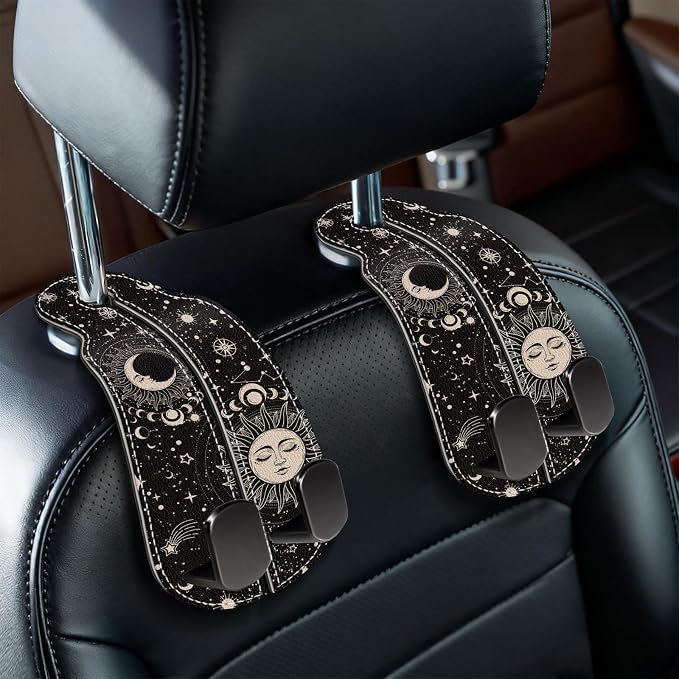 2PCS Car Seat Back Storage Headrest Hooks, Sun and Moon Purse Holder Bags Hanger, PU Leather Double Metal Hook for Backseat Organizer, Women Car Accessories Organization