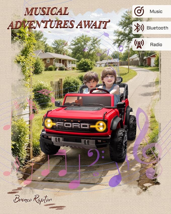 Ford Bronco 24V Ride on Toys for Boys & Girls, 2 Seater Kids Electric Car with Remote Control, Kids Ride on Truck with Rear Wheels Suspension, Led Lights, Safety Belt (24V, Red)