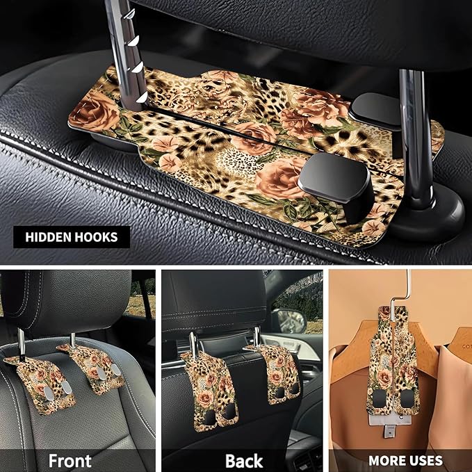 Car Seat Headrest Hook, Universal Leather Cute Hanger Holder Hook, Storage Organizer Interior Accessories for Purse Bags Handbag Luxury Leopard Rose