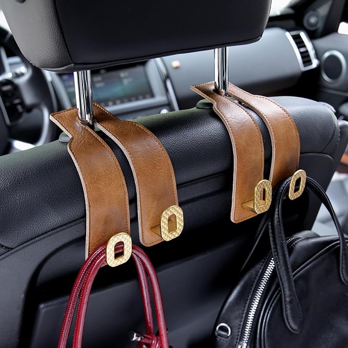Car Headrest Hooks Universal Car Purse Hook Premium Leather and Alloy Twin Hook Car Seat Back Storage Hanger Hook for Purse Bags Cloth Drink Durable Holder Car Accessories (BH09-Brown-Gold)