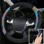 Leather Steering Wheel Cover and Waterproof Car Floor Mats,Microfiber Universal Car Combo Fit for 95% Sedan,SUV,Cars,14.5-15inch Sporty Anti-Slip Safety Comfortable Design(Black＆Reflective)