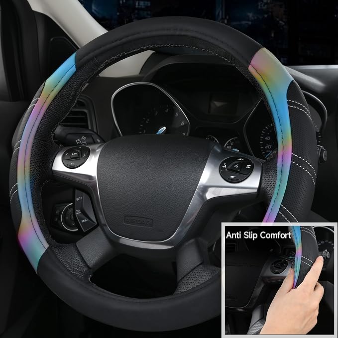 Leather Steering Wheel Cover and Waterproof Car Floor Mats,Microfiber Universal Car Combo Fit for 95% Sedan,SUV,Cars,14.5-15inch Sporty Anti-Slip Safety Comfortable Design(Black＆Reflective)