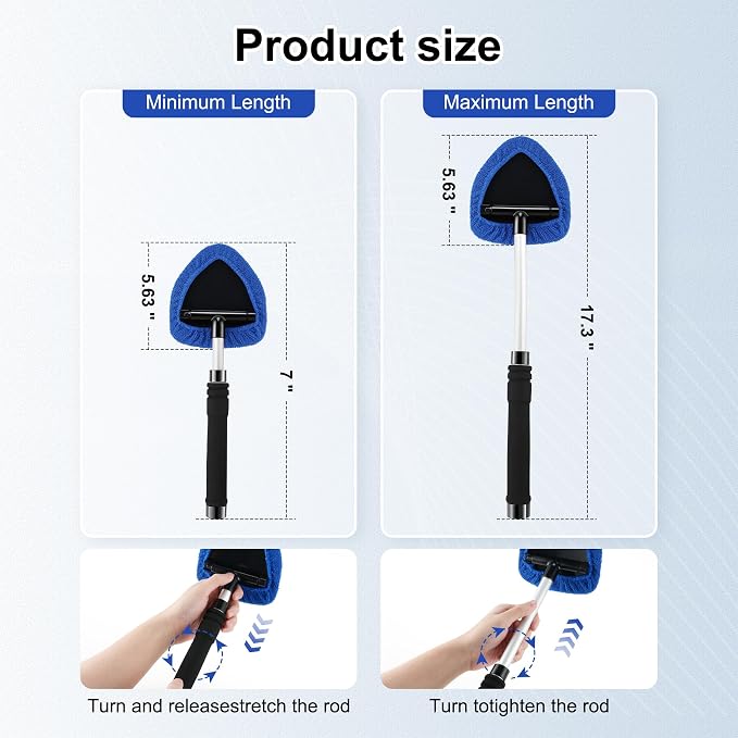 Windshield Cleaner Tool, Car Interior and Exterior Window Cleaning Kit with Extendable Handle & 4 Reusable Microfiber Pads, Auto Glass Wiper Brush Kit for Car & Home Windows (Blue)