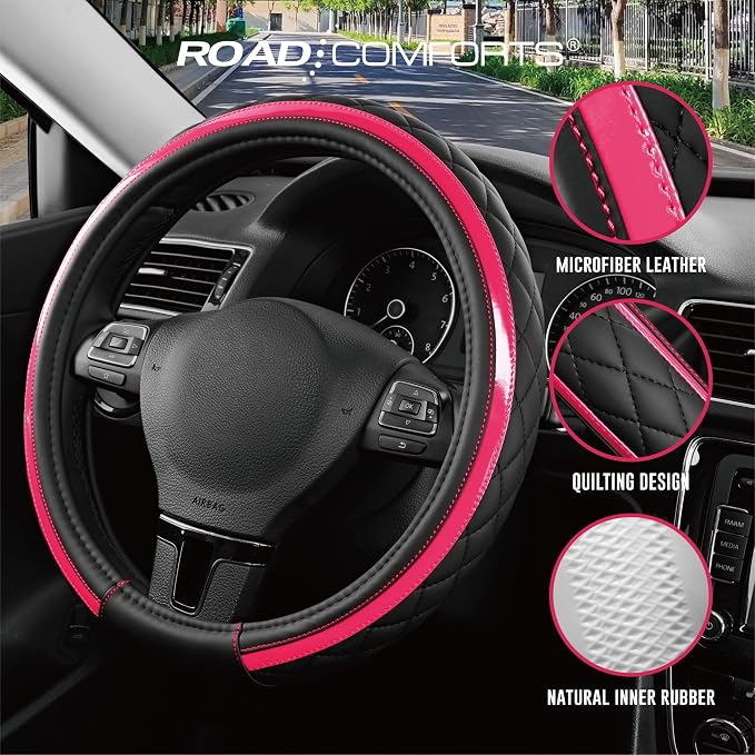 Leather Steering Wheel Cover – Black & Hot Pink, Universal Fit 14.5-15 Inch, Microfiber Leather, Anti-Slip & Breathable Design for Men and Women