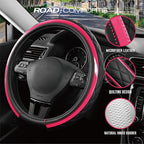 Leather Steering Wheel Cover – Black & Hot Pink, Universal Fit 14.5-15 Inch, Microfiber Leather, Anti-Slip & Breathable Design for Men and Women