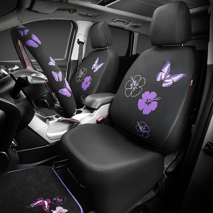 Universal Butterfly Car Seat Covers Front Set, Embroidered Flower Waterproof Car Floor Mats Carpet, Butterflies Steering Wheel Cover for Car Accessories Interior Sets (Black and Purple)