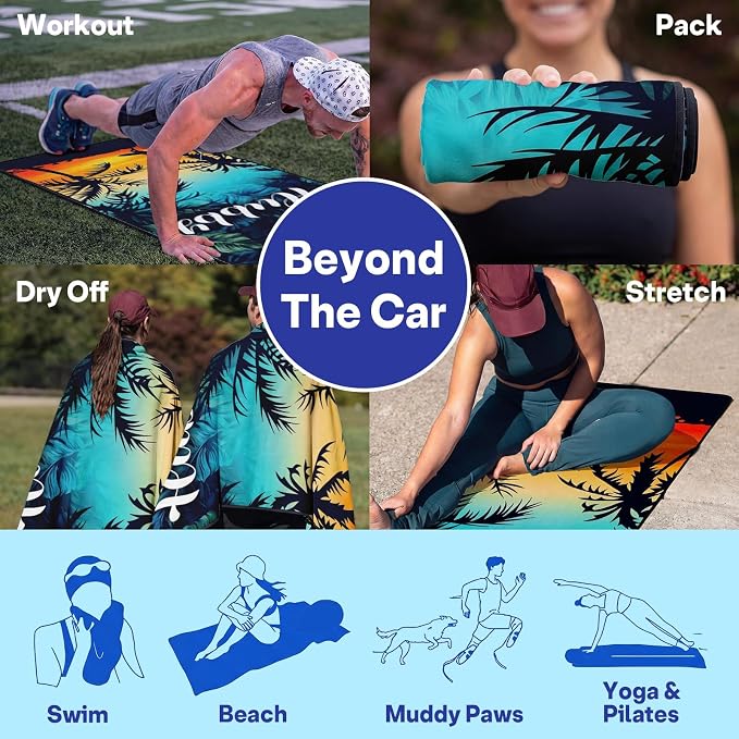 2 Pack Car Seat Towel Covers, Sweat-Proof Microfiber Seat Protectors for Gym, Running, Beach & Workout, Breathable Quick-Dry, Machine Washable, Tropical Palm Sky Print, Universal Fit