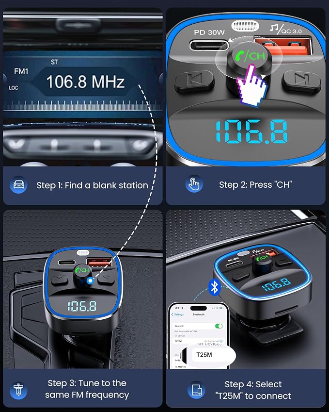 Bluetooth 5.4 FM Transmitter Car Adapter 48W [PD 30W & 18W] [7 Color Light] [Fast Charging] Wireless Radio Music Adapter Hands-Free Calling, Support USB Drive & TF Card