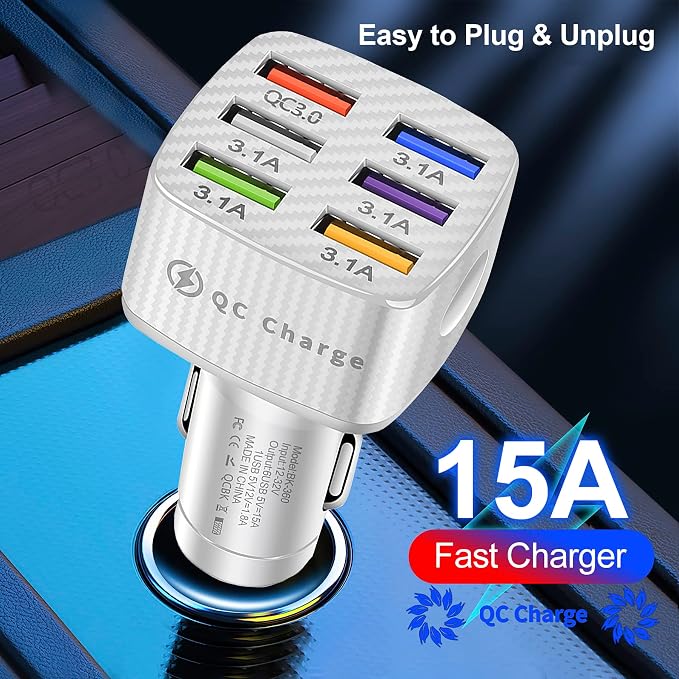 Car Charger Adapter, 6 USB Multi Port, Fast Charger, Include QC 3.0 and 5 Other Ports, Car Interior Accessories, Fit for iPhone 13/12/11/pro, Samsung Galaxy/Note S10/S9/S8 - White（2PCS）