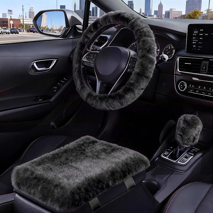 Furry Car Steering Wheel Cover with Fluffy Gear Shift Cover and Center Console Cover, Soft Warm Plush Non-Slip, 14 1/2-15 inch, for Women Girls 3 PCS Set, Black