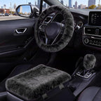 Furry Car Steering Wheel Cover with Fluffy Gear Shift Cover and Center Console Cover, Soft Warm Plush Non-Slip, 14 1/2-15 inch, for Women Girls 3 PCS Set, Black