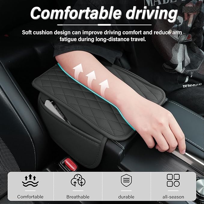 Car Center Console Cover, Upgraded Leather Car Armrest Cushion with 2 Storage Pockets, Universal Waterproof Cushion Pad, Non-Slip Car Interior Accessories, Fits Most Sedans SUVs Trucks (Gray)