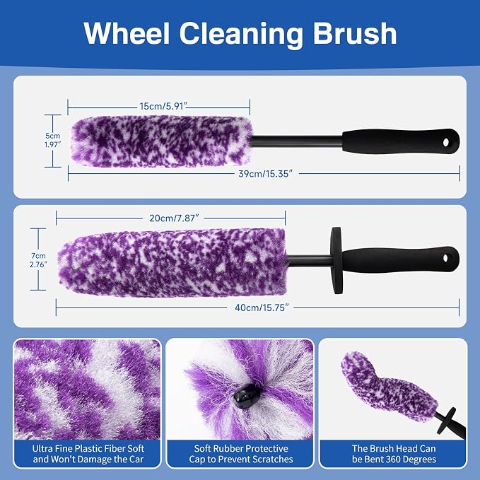 4 Pack Wheel Tire Cleaning Brush Kit Cars Motorcycles RVs Trucks Rim Hub Ultra Soft Microfiber No Spatter 360 Bendable Synthetic Woolies Wash Vehicles Bristle Set