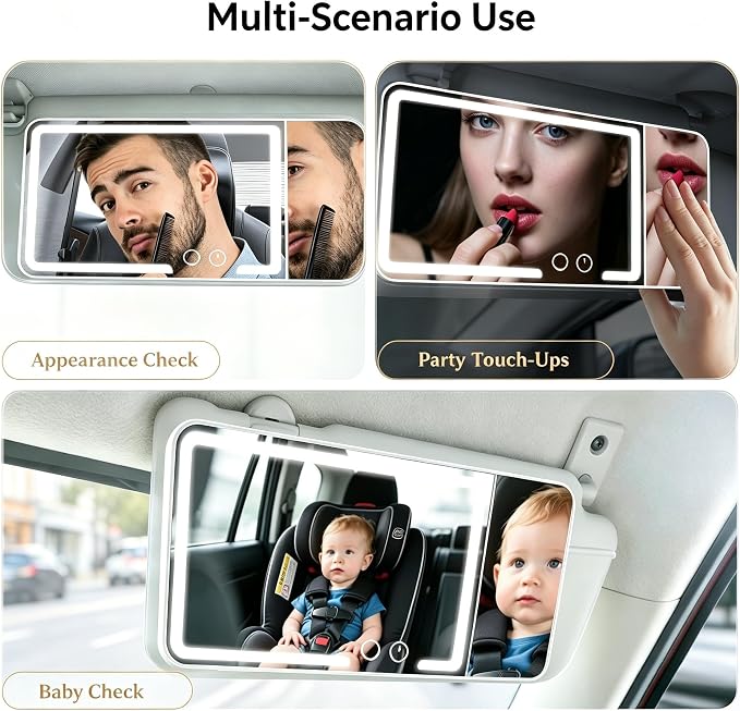 LED Car sun visor vanity mirror, equipped with 3x magnifying glass and three-color adjustable brightness soft light makeup LED mirror, rechargeable, suitable for all models(Black)