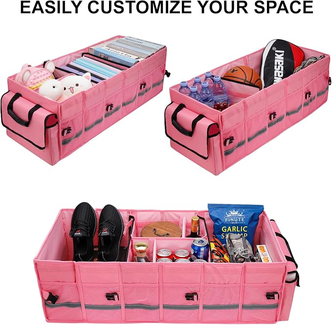 Car Trunk Organizer and Storage with Lid & Removable Cooler Bag, Car Accessories 6 Removable Dividers for Custom Space, Collapsible Trunk Organizers Interior for SUV & Sedan, Large