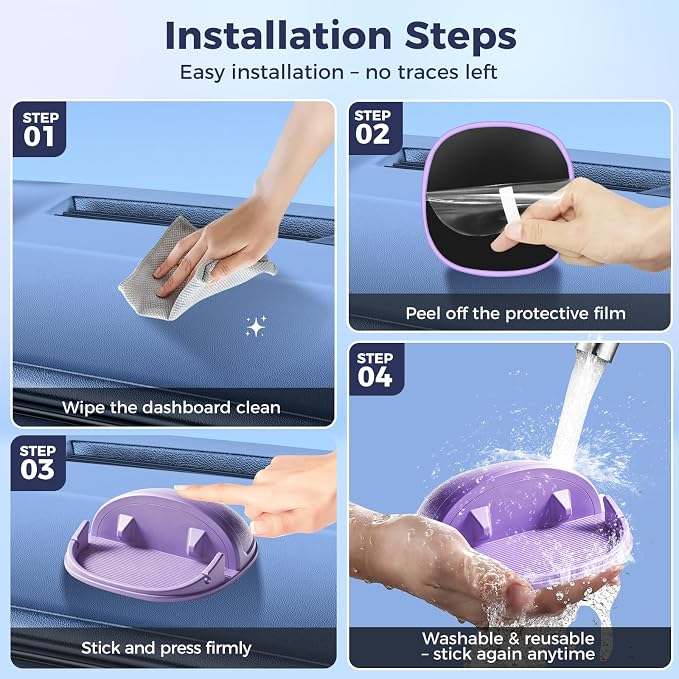Car Phone Holder, Car Phone Mount Silicone Car Pad Mat for Various Dashboards, Slip Free Desk Phone Stand Compatible with iPhone, Samsung, Android Smartphones, GPS Devices More (Purple)