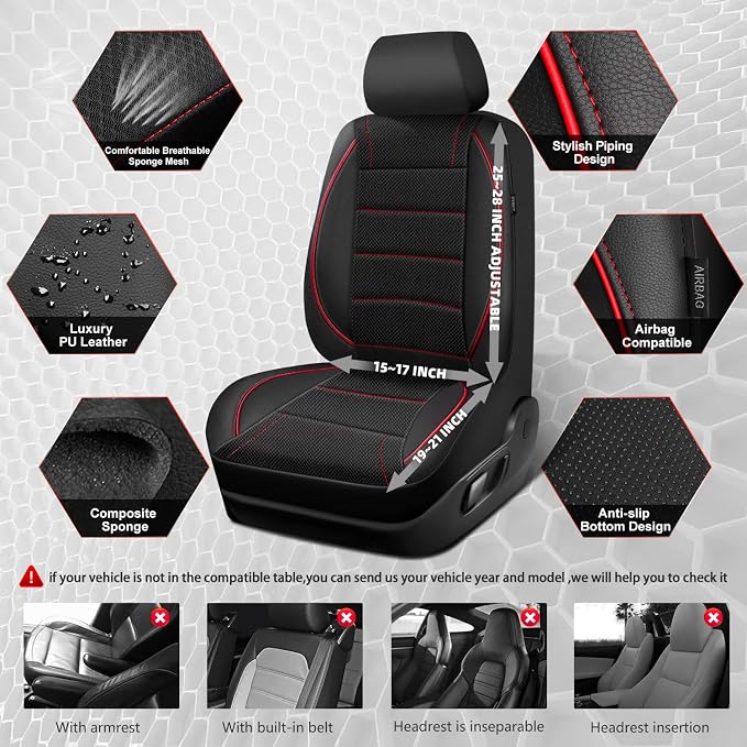 Air Mesh Leather Car Seat Covers Front Seats, Breathable Two Front Seat Covers for Cars, Comfortable Universal Fit for SUV Truck Sedan Automotive, Anti-Slip Airbag Compatible,Black and Red