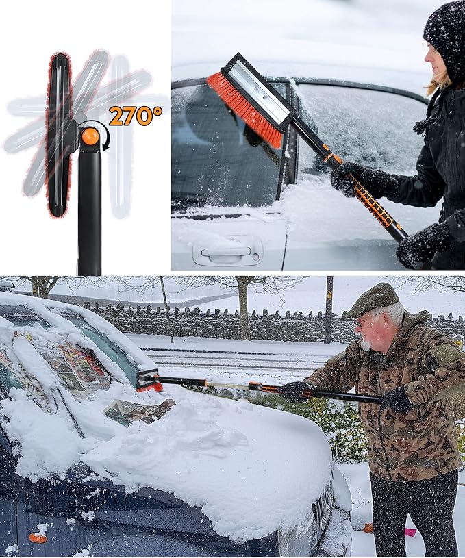 Car Snow Brush with Ice Scraper and Squeegee 3 in 1, 50" Extendable Cleaning Kit Long Handle, Windshield Snow Removal Tool Scratch Free, SUV Truck RV Window Roof Exterior Wash Supplies, Orange