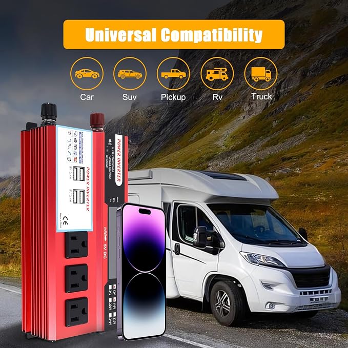 1000W Peak Power Inverter 12V DC Volt to 110V AC Car Inverter with LCD Screen Display, 3 AC Outlets, 4X 2.4A USB Port, Car Power Converter for Truck, Home, Vehicles, Laptop, Trip