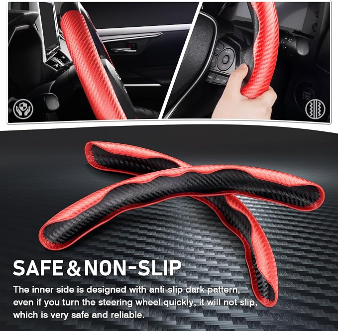 Steering Wheel Cover, Carbon Fiber Steering Wheel Cover, Car Steering Wheel Cover for Men/Women, Anti-Slip, Comfortable Grip, Durable, Universal for 99% Car Interior Accessories (Red)