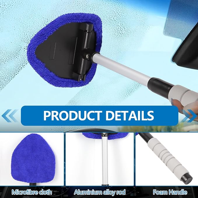 Car Windshield Cleaning Tool, Car Windshield Window Cleaner, Auto Window Glass Cleaning Kit with Extendable Handle & Reusable Microfiber Pad & Spray Bottle, Universal Car Accessories (Blue)
