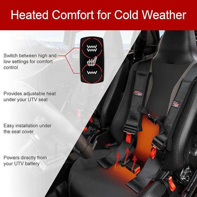 Tusk UTV Seat Heater Kit, Universal Fit - Heated Seat Pad System with Dual Temperature Settings, Wiring Harness and Switch, Fits Most UTV Machines