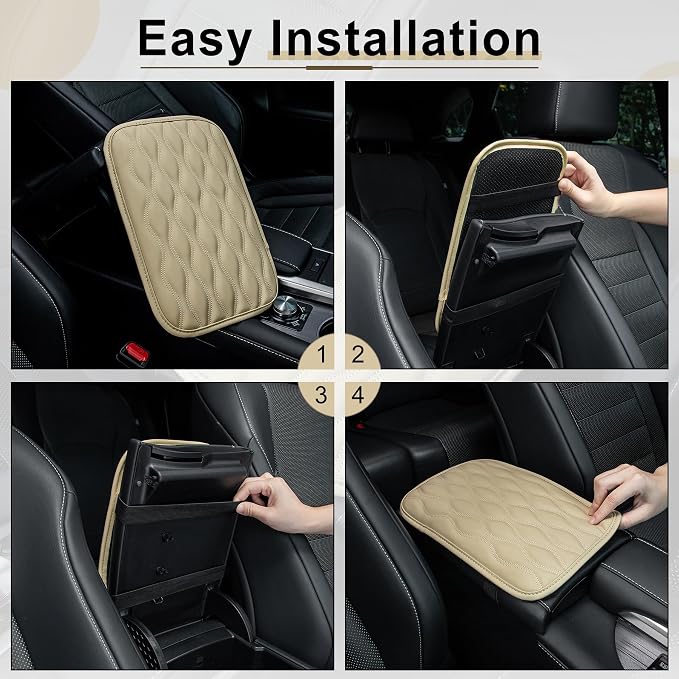 Car Center Console Cover, Upgraded Leather Car Armrest Cushion, Universal Waterproof Cushion Pad, Non-Slip Car Interior Accessories, Fits Most Sedans SUVs Trucks (Beige)