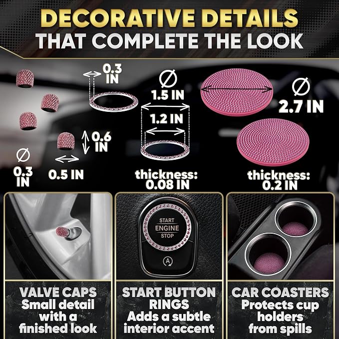 Pink Car Accessories Set, 27 Pieces – Bling Car Accessories for Interior Styling with Rhinestone Details for Daily Use, Universal Fit Kit for Steering Wheel, Vents, Mirror Area, Great Gift for Women
