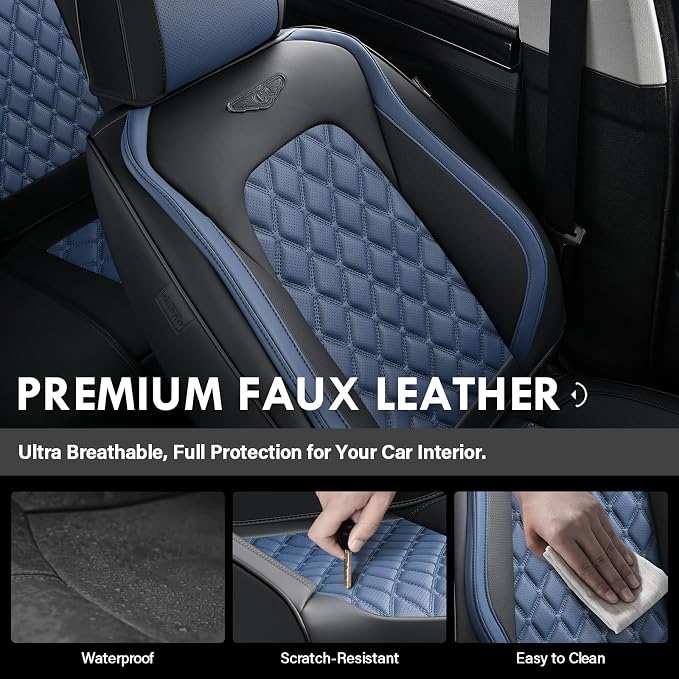 Coverado Universal Car Seat Covers Full Set, Sporty Non-Slip Waterproof Faux Leather Front & Rear Seat Protectors for Trucks SUVs, Mens Automotive Interior – BlackBlue