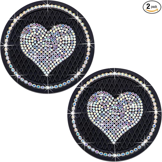 2PCS Sparkling Car Cup Holder Coaster – 2.75 Inch Silicone Insert – Non-Slip, Shockproof – Universal Auto Interior Accessories for Women Girls (Black & Colorful)
