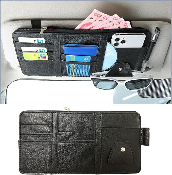 Car Sun Visor Organizer, Leather Multi-Pocket Auto Visor Storage Pocket Pouch Holder with Zipper, Vehicle Interior Accessories for Car Truck SUV Sun Visor Case Bag (Black)