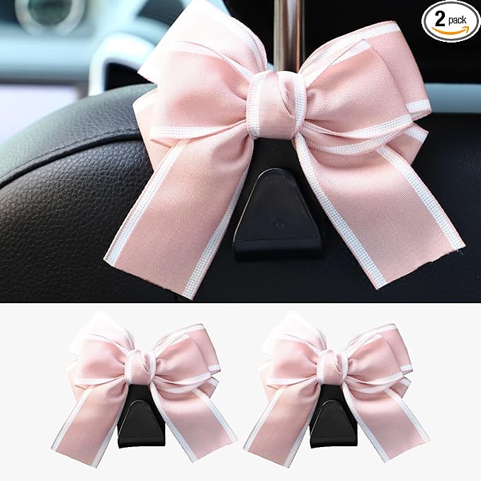 2PCS Car Seat Hooks, Cute Bow Car Seat Headrest Hooks for Purses, Bags, Umbrella, Universal Automotive Interior Decoration Accessoriesl for Vehicle, SUV, Sedan, Truck (Pink)