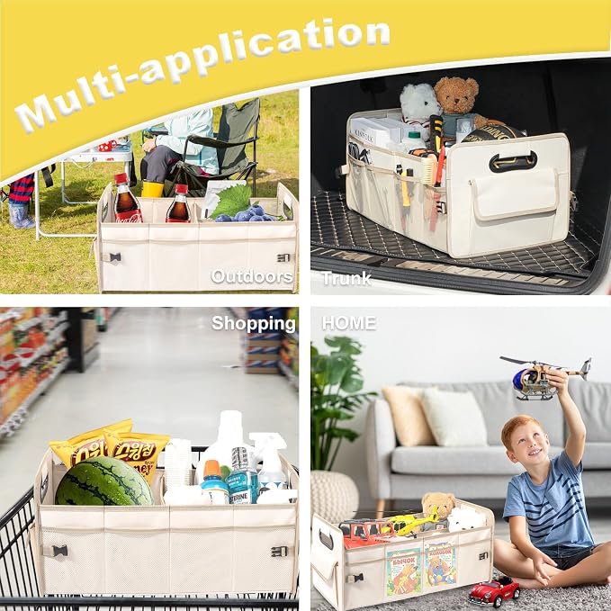 Car Trunk Organizer, Car Organizers and Storage Collapsible Multi Compartment Container Box, Adjustable Car Accessories for SUV Sedan Truck, Large Size, Beige