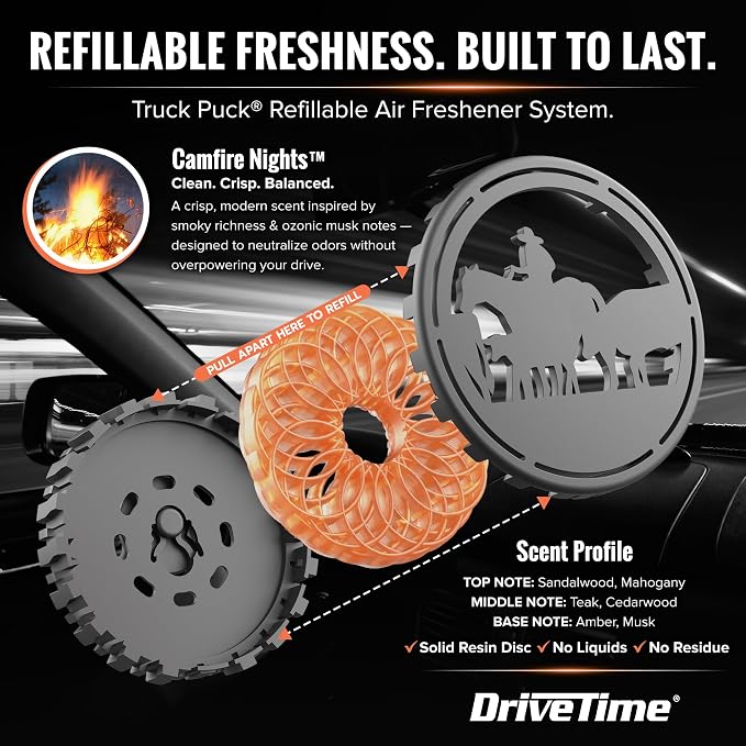 Truck Puck Campfire Night Fragrancee Car Air Freshener – Long-Lasting Car Deodorizer, Refillable Vent & Visor Clip Auto Air Freshener for Car, Truck & SUV, Premium Fragrance, Pack of 3