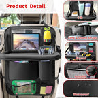Car Backseat Organizer with Tablet Holder, 6 Storage Pockets Foldable Table Tray Seat Back Protectors Kick Mats Travel Accessories, 2 Pack Black