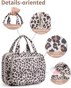 Hanging Toiletry Bag for Women, Travel Makeup Bag Organizer, Dry Wet Separation, Portable Bathroom Travel Bag for Toiletries, Cosmetics, Essentials, Brushes (Leopard)